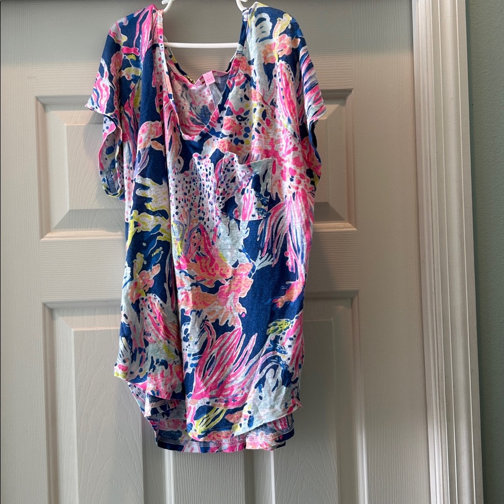 Lilly Pulitzer Multicolor Floral Scoop Neck Top - Pink, Blue, Yellow linen